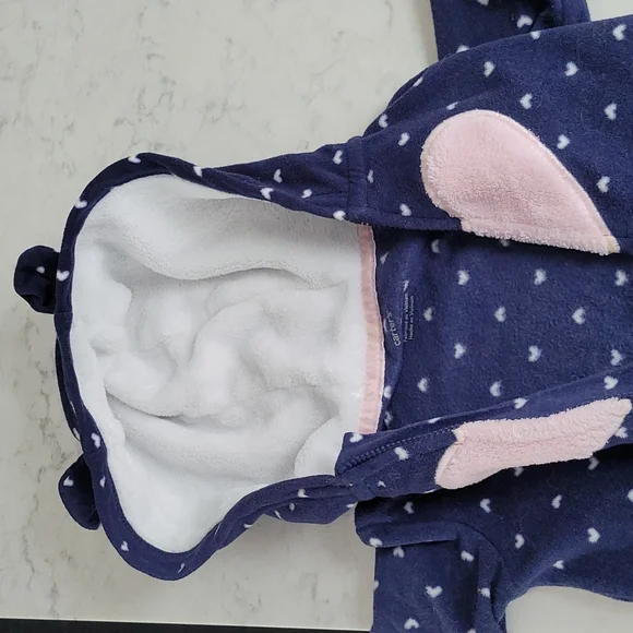 Carter's WARM HOODED FLEECE ONE PIECE BLUE WITH PINK HEARTS SIZE18 MONTHS - Picture 11 of 11
